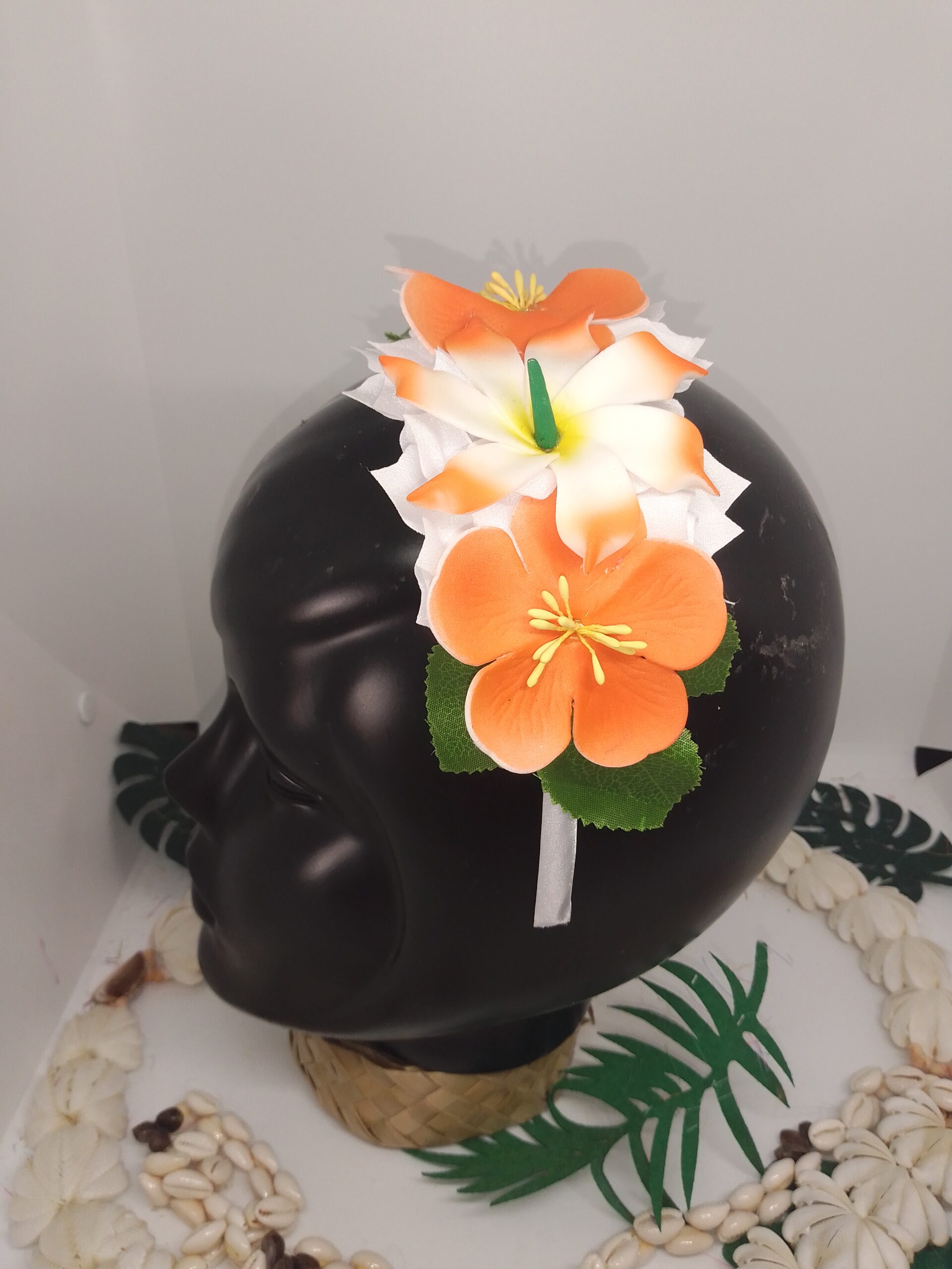 Serre tête enfant fait main avec fleur Tahiti orange deux hibiscus et tiare tahiti by Vaite.e.Tiare créations