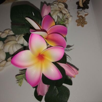 Peigne fleurs de Tahiti  avec deux fleurs de frangipanier