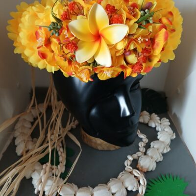 Couronne de fleurs Tahiti jaune bouquet orangé et tipanie jaune