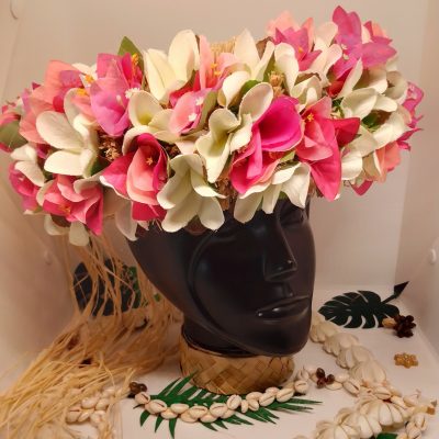 Couronne de fleur Tahiti trois roses de bougainvillier et tipanie blanc