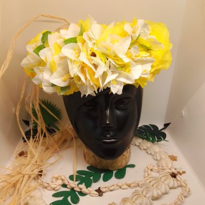 Couronne de tête Tahiti  jaune bougainvilliers blancs pistils jaunes