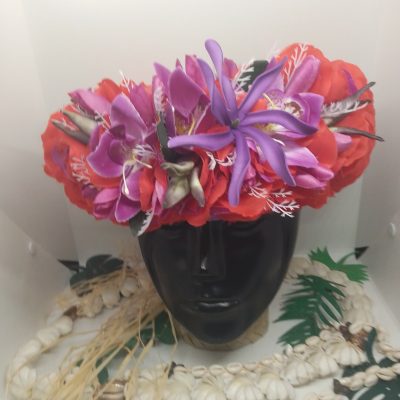 Couronne de fleur Tahiti rouge orchidées violettes et grande tiare violette