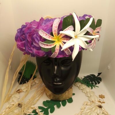 Couronne de fleur Tahiti  violette maxi tiare avec deux tiare tatouées