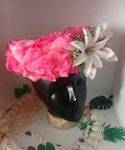 couronne de tête rose avec grande tiare tahiti et pétales de tiare apetahi by Vaite.e.Tiare créations