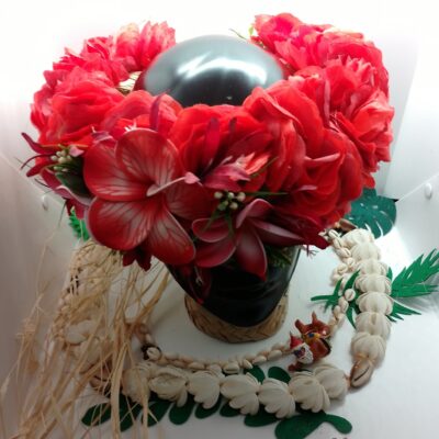 Couronne tiare Tahiti rouge maxi tiare boutons rouges et oranges