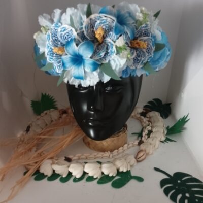 Couronne de fleur  bleue  trois hibiscus tatoués tipanie bleus