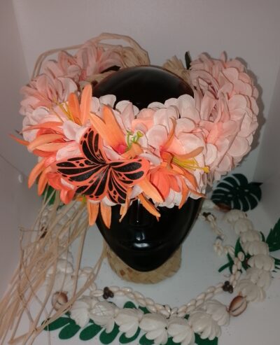 Couronne florale de tête corail tipanier tatoué et mini oranges unis variés lys élancés by Vaite.e.Tiare créations