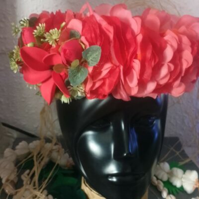 Couronne de fleur Tahiti rouge et corail avec grand tipanie rouge