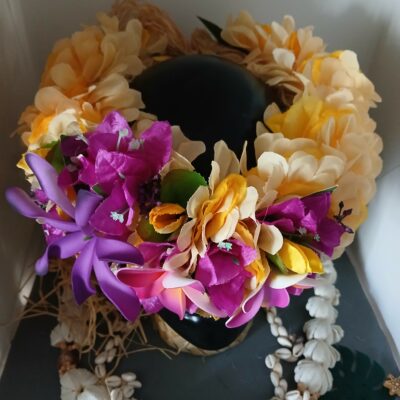 Couronne de fleur jaune bouquet bougainvilliers violet tipanie maxi tiare