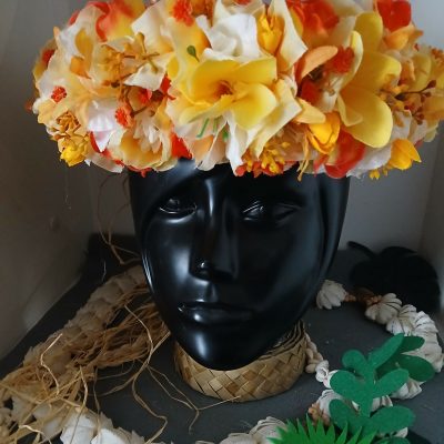 Couronne toutes fleurs Tahiti de tipanie jaune et bougainvillier blanc