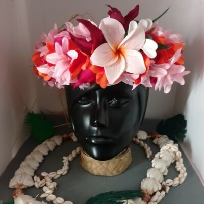 Couronne toutes fleurs Tahiti tipanie orange lys rose et tiare