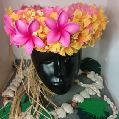 Couronne toutes fleurs Tahiti jaune et fuchsia mini lys et tipanie