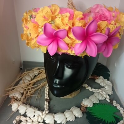 Couronne toutes fleurs Tahiti jaune et fuchsia mini lys et tipanie