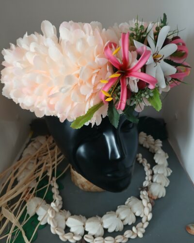 Couronne de tiare Tahiti champagne rosé tiare et lys élancés fuschias 5 by Vaite.e.Tiare créations