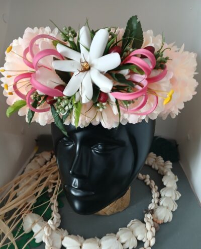 Couronne de tiare Tahiti champagne rosé tiare et lys élancés fuschias 5 by Vaite.e.Tiare créations