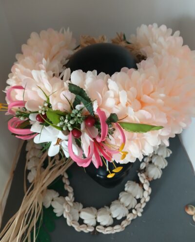 Couronne de tiare Tahiti champagne rosé tiare et lys élancés fuschias 5 by Vaite.e.Tiare créations