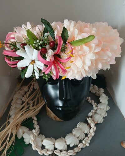 Couronne de tiare Tahiti champagne rosé tiare et lys élancés fuschias 5 by Vaite.e.Tiare créations