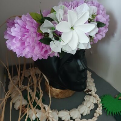Couronne de tiare Tahiti mauve bougainvillier blanc