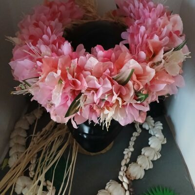 Couronne toutes fleurs Tahiti bougainvillier rose et pêche flamboyant 