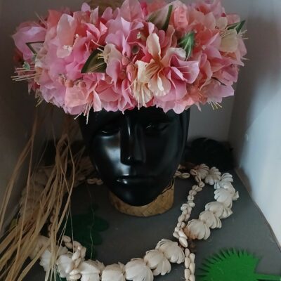 Couronne toutes fleurs Tahiti bougainvillier rose et pêche flamboyant 
