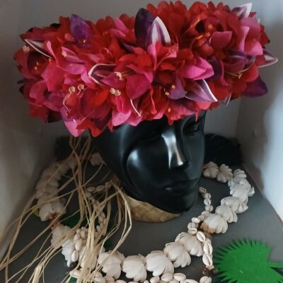 Couronne toutes fleurs Tahiti  bougainvilliers rouge fuchsia prune rose 