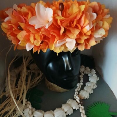 Couronne toutes fleurs Tahiti orange tipanie champagne bougainvilliers orangés