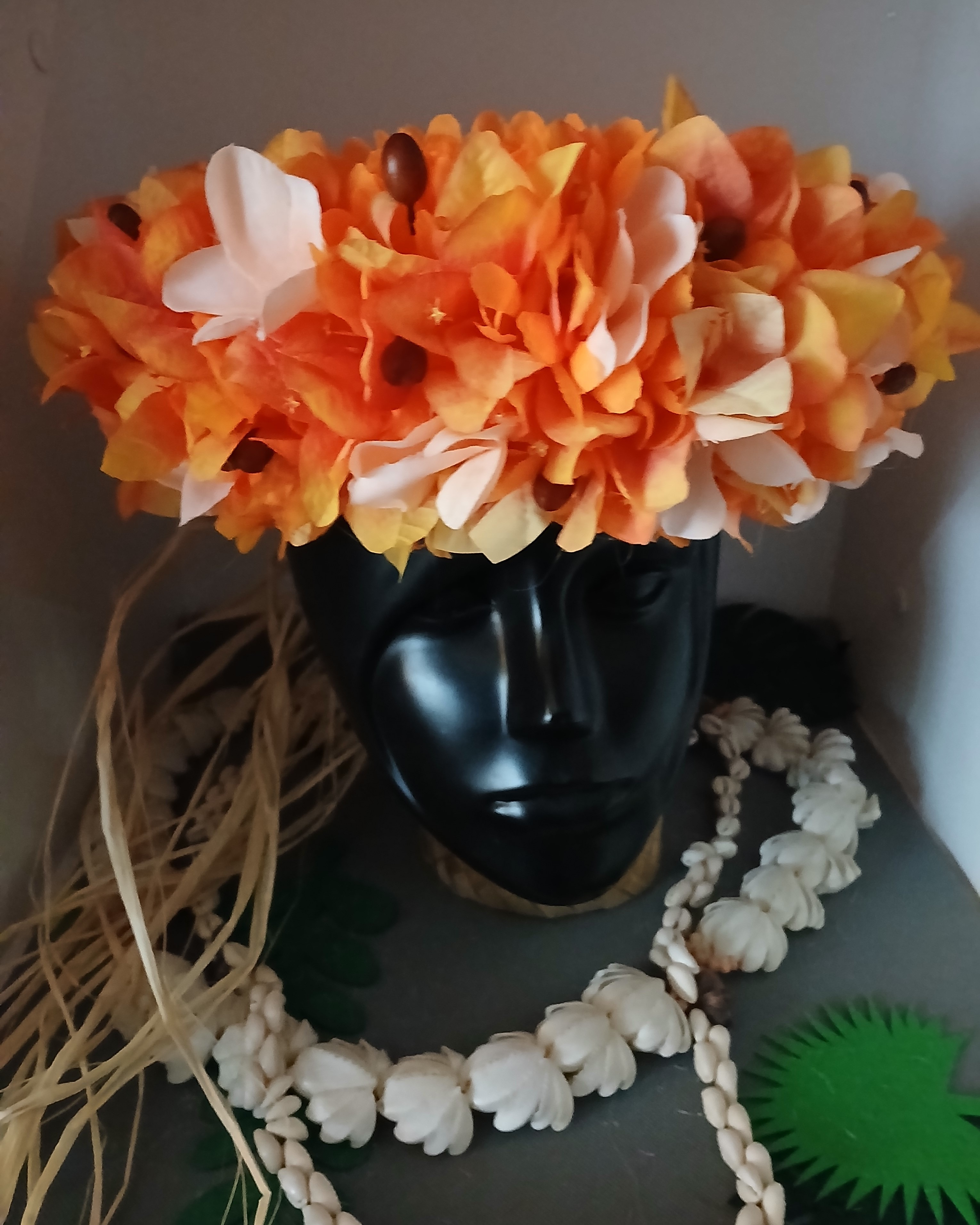 Couronne toutes fleurs Tahiti orange tipanie champagne bougainvilliers orangés