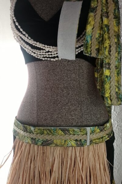 Ceinture tissu paréo satiné vert motif feuillages et pandanus tressé by Vaite.e.Tiare créations