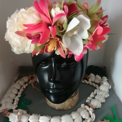Couronne de tiare Tahiti champagne  maxi tiare et orchidées