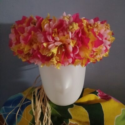 Couronne toutes fleurs Tahiti rose bougainvillier fuchsia et jaune