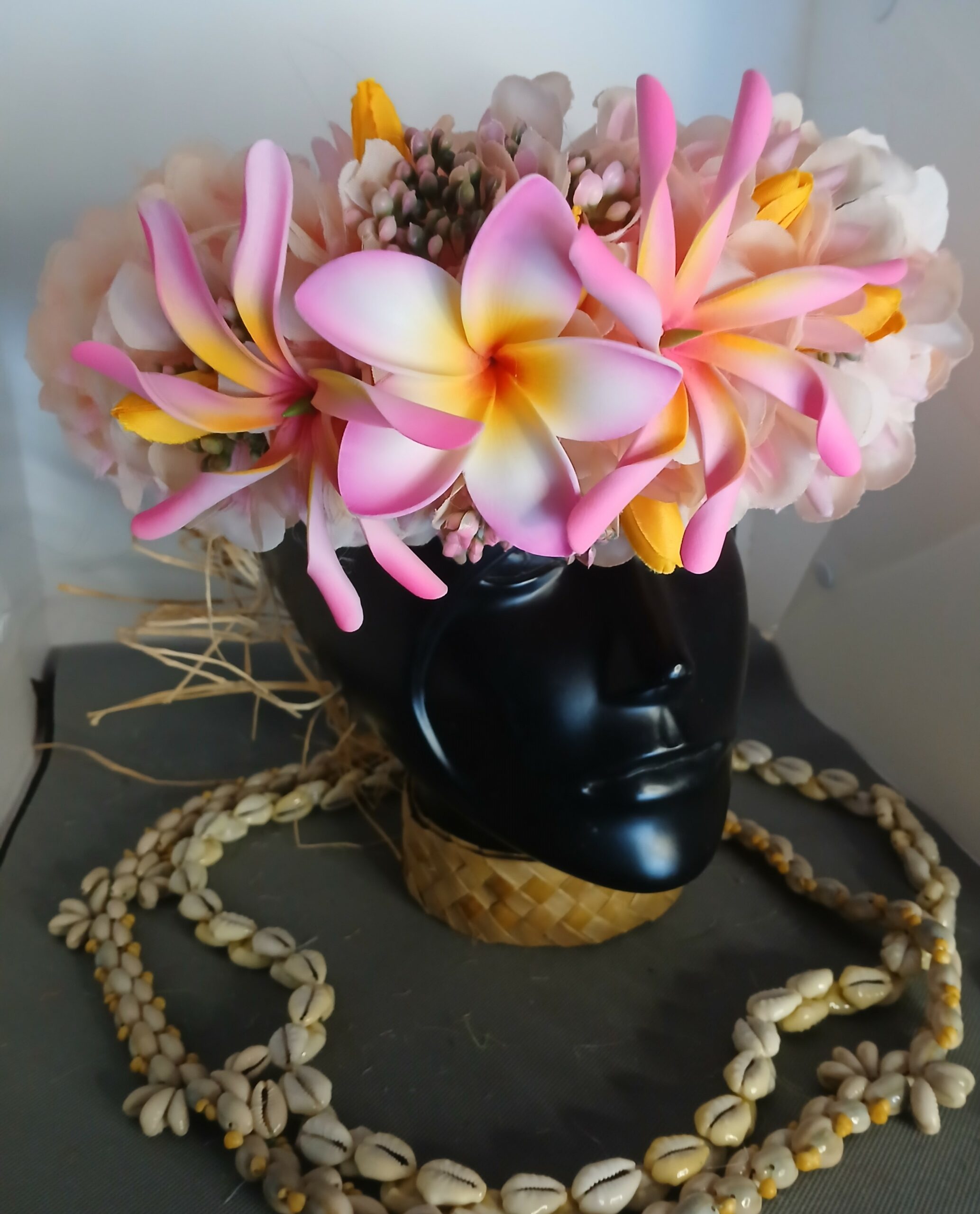 Couronne champagne et rose deux maxi tiare tipanie bords roses Vaite.e.Tiare créations