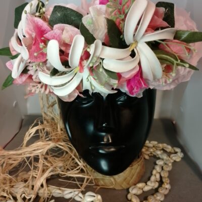 Couronne champagne rosé trois tiare bougainvillier fuchsia et pêche