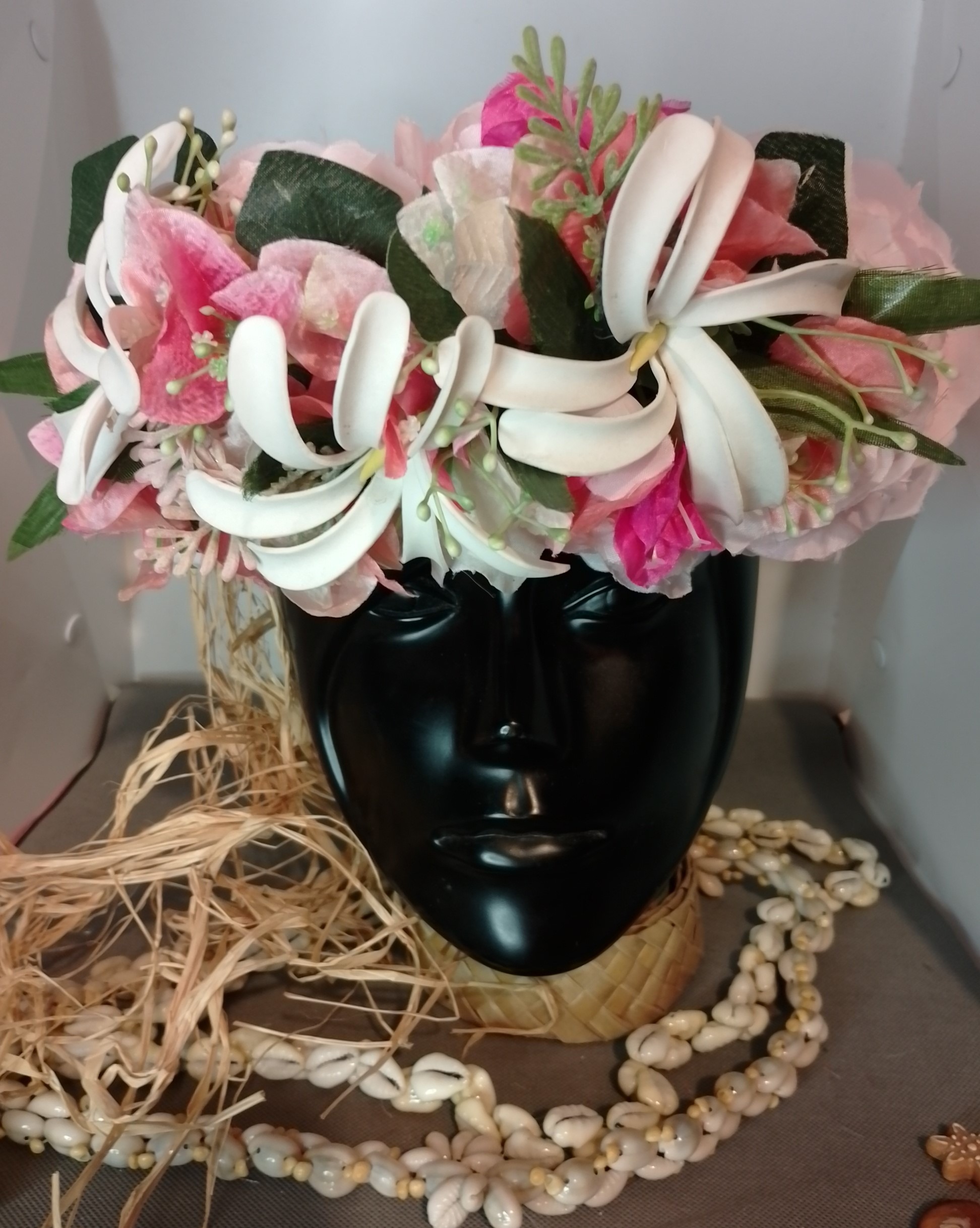 Couronne champagne rosé trois tiare bougainvillier fushcia et pêche Vaite.e.Tiare créations