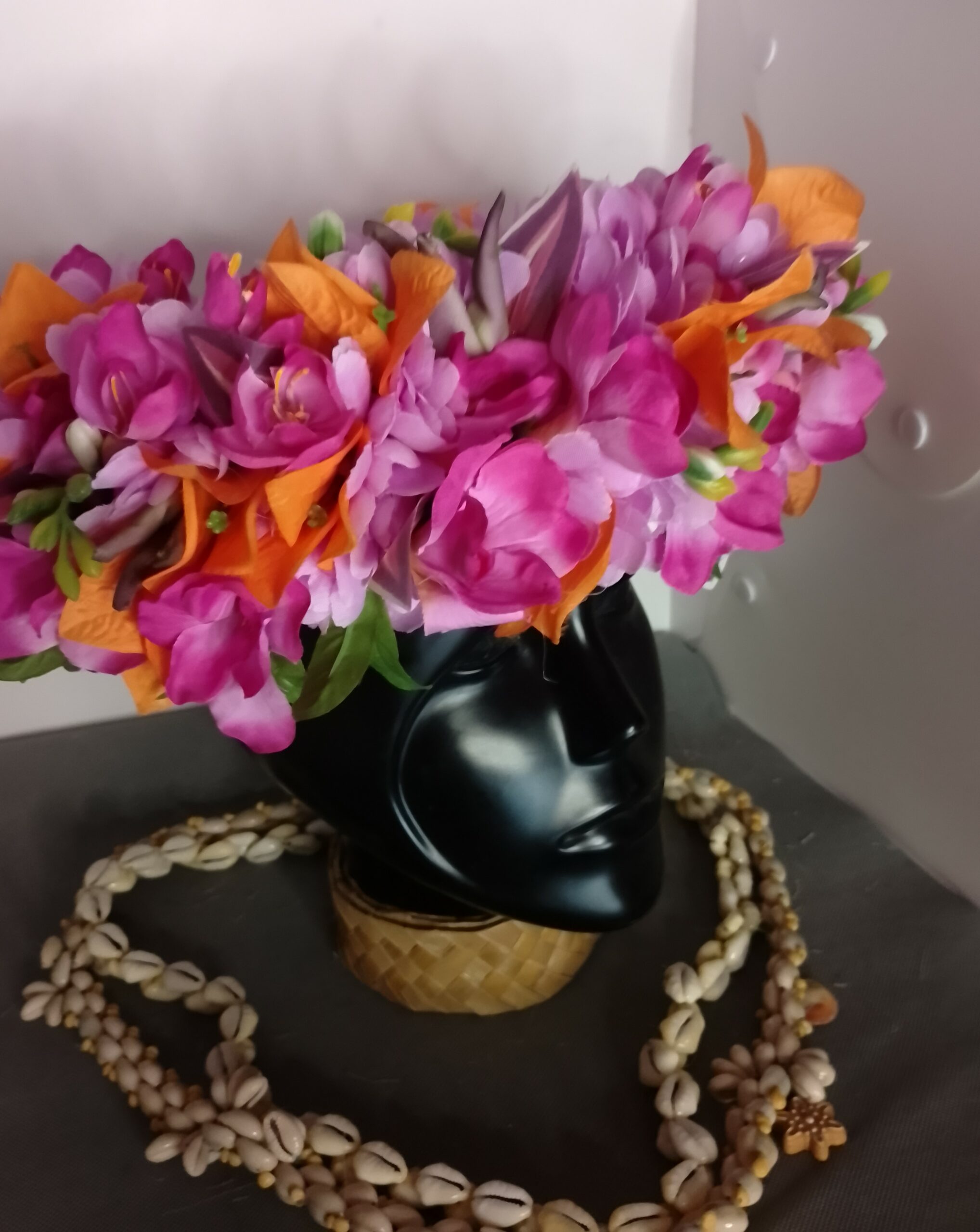 Couronne fleur Tahiti mauve bougainvillier orange freesia violet Vaite.e.Tiare créations