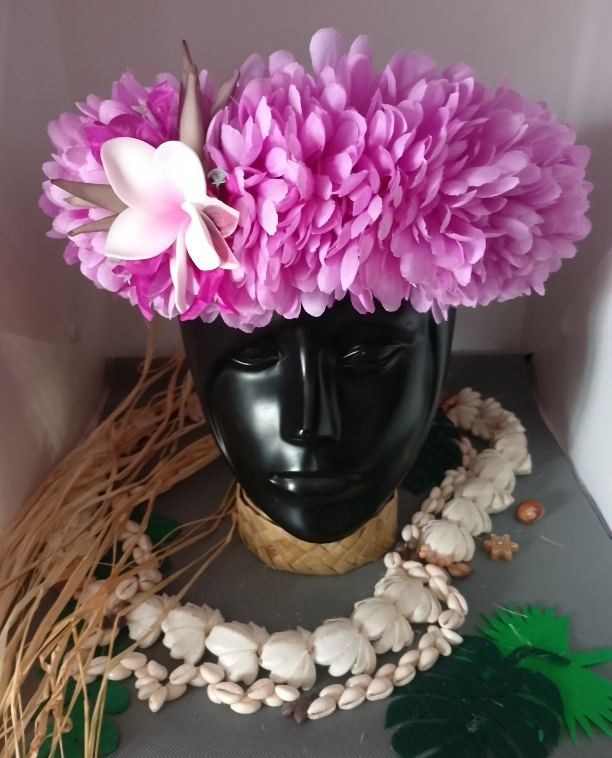 Couronne fleurs Tahiti mauve tipanie blanc cœur rose bougainvillier violet Vaite.e.Tiare créations