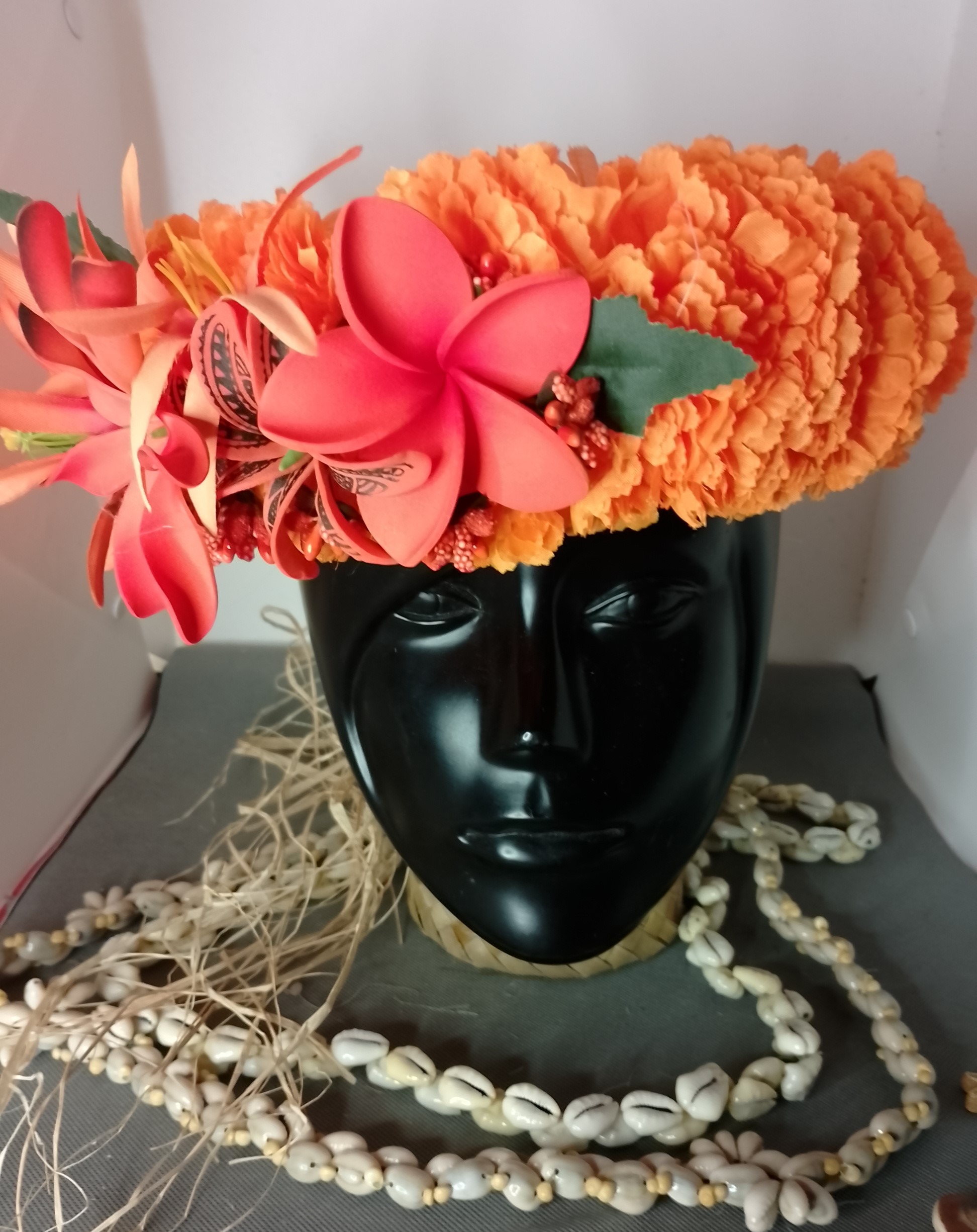 Couronne fleur Tahiti orange tiare tatouée tipanie maxi tiare Vaite.e.Tiare créations