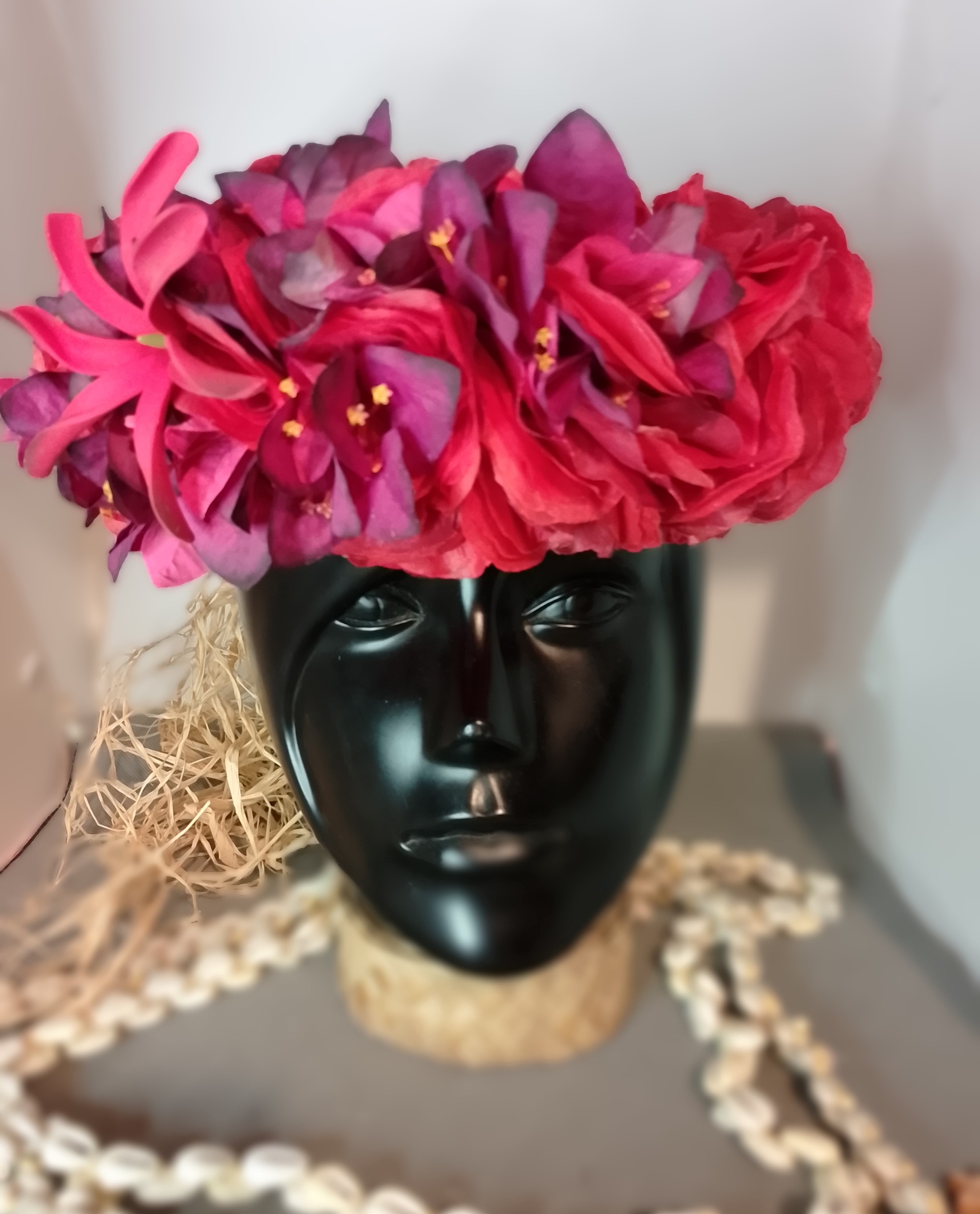 Couronne fleur Tahiti rouge bougainvillier prune maxi tiare Vaite.e.Tiare créations