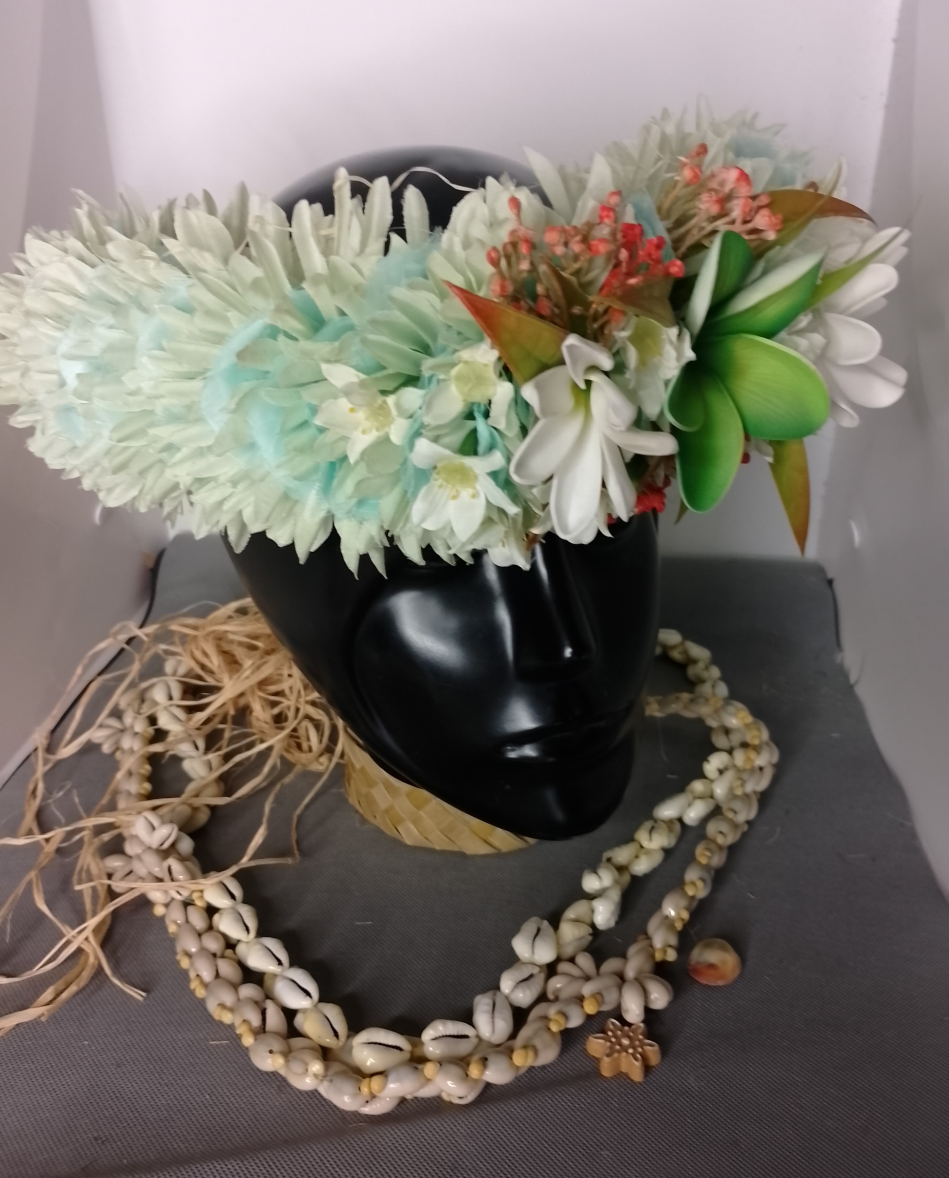 Couronne fleur Tahiti vert d'eau tipanie vert deux tiare Vaite.e.Tiare créations