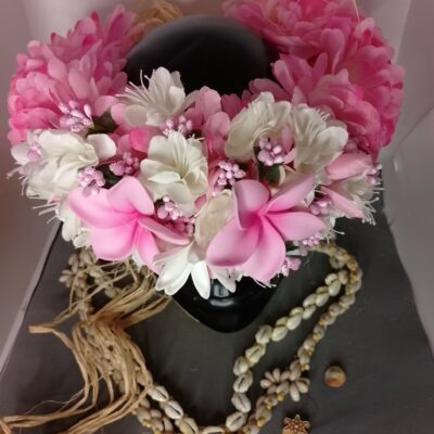 Couronne fleur Tahiti rose boutons blancs deux tipanie tiare