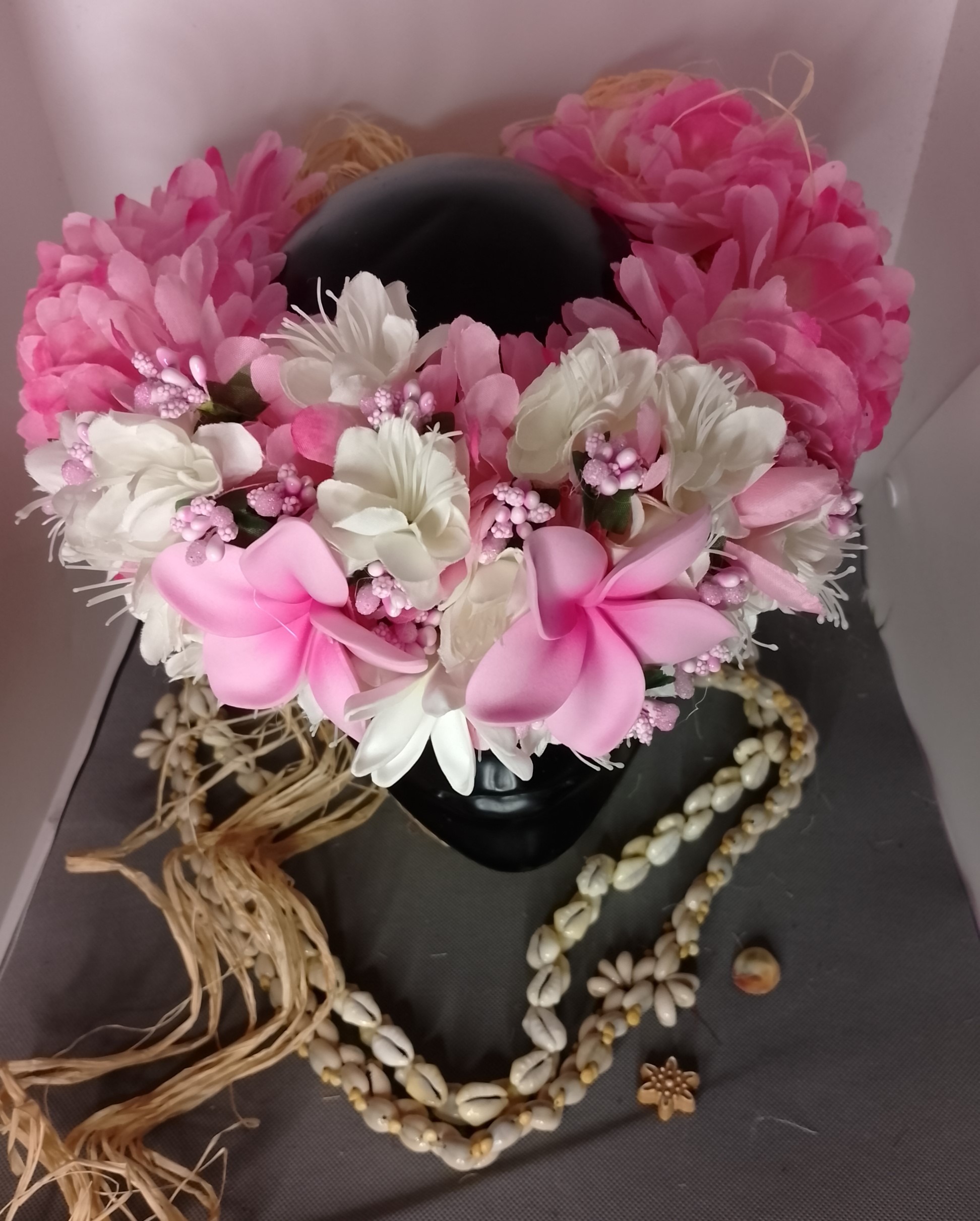 Couronne fleurTahiti rose boutons blancs deux tipanie tiare Vaite.e.Tiare créations