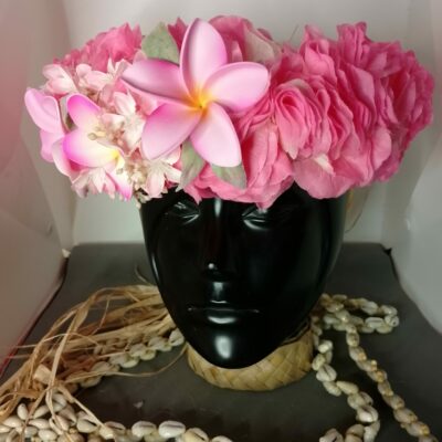 Couronne fleur Tahiti rose trois tipanie roses feuilles de sauge