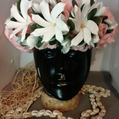 Couronne tiare Tahiti champagne rosé trois tiare boutons blancs