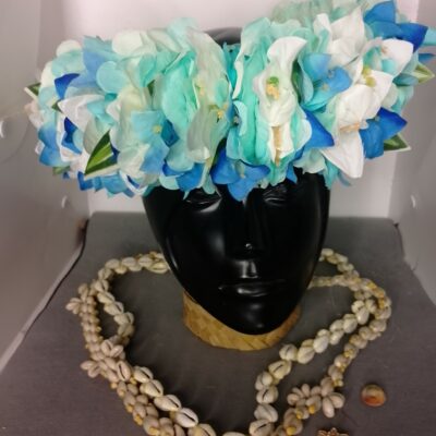 Couronne toute fleur Tahiti bleu lagon bougainvilliers deux bleus et blanc