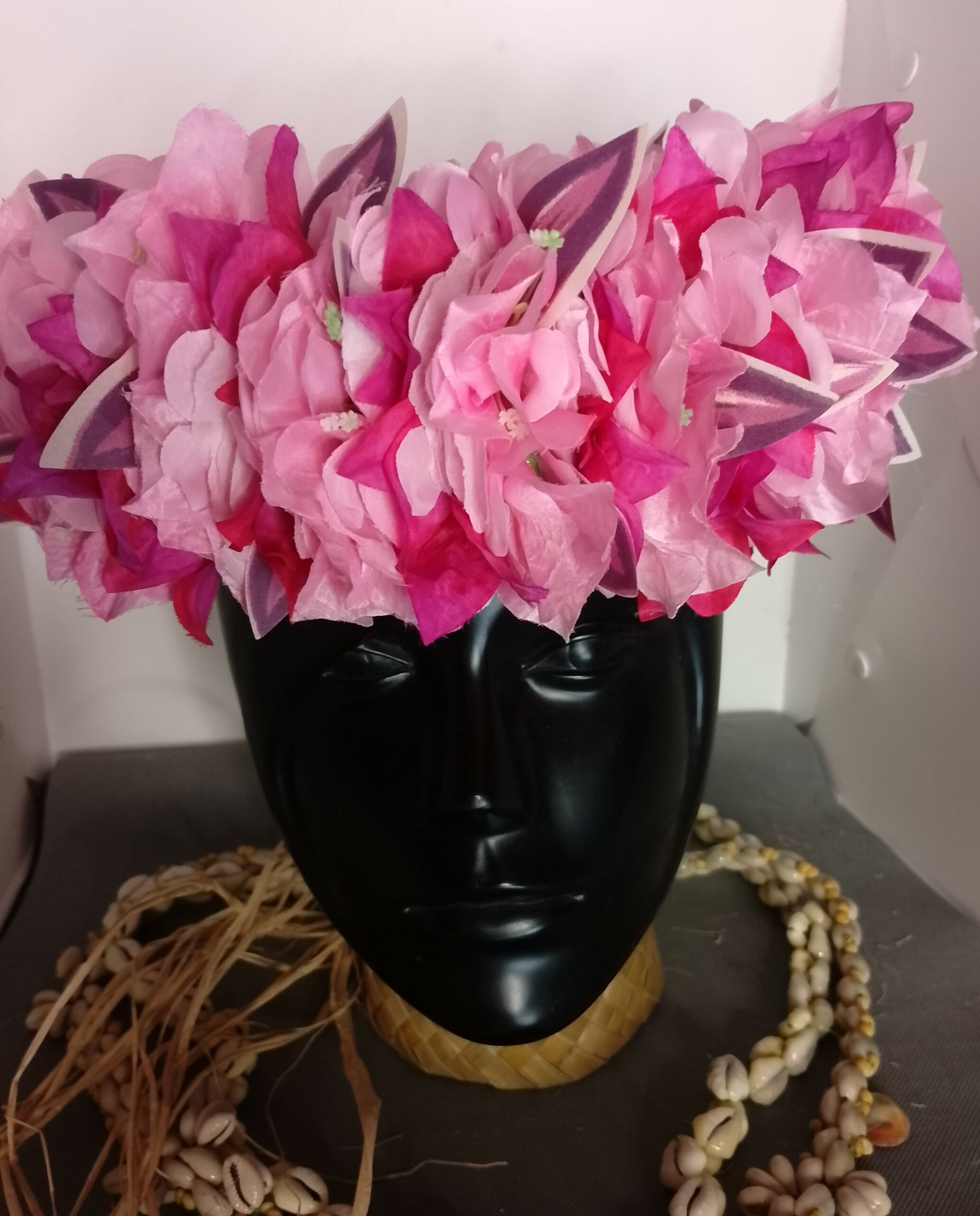 Couronne toute fleur Tahiti bougainvillier rose pâle et fuchsia Vaite.e.Tiare créations