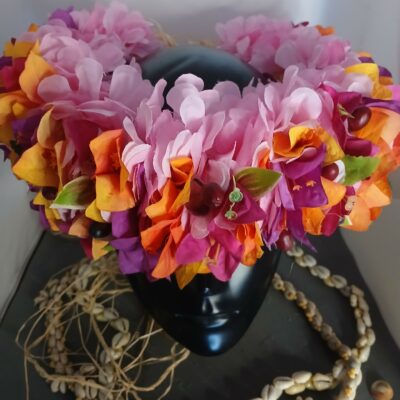 Couronne toute fleur Tahiti mauve bougainvillier fuchsia violet et orangé