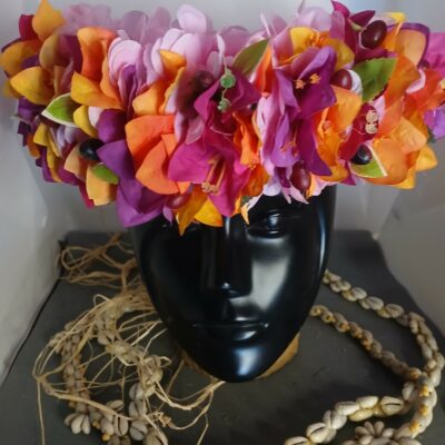 Couronne toute fleur Tahiti mauve bougainvillier fuchsia violet et orangé