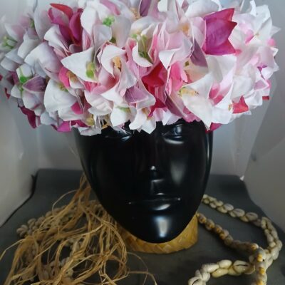 Couronne toute fleur Tahiti rose pâle bougainvillier blanc et fuchsia
