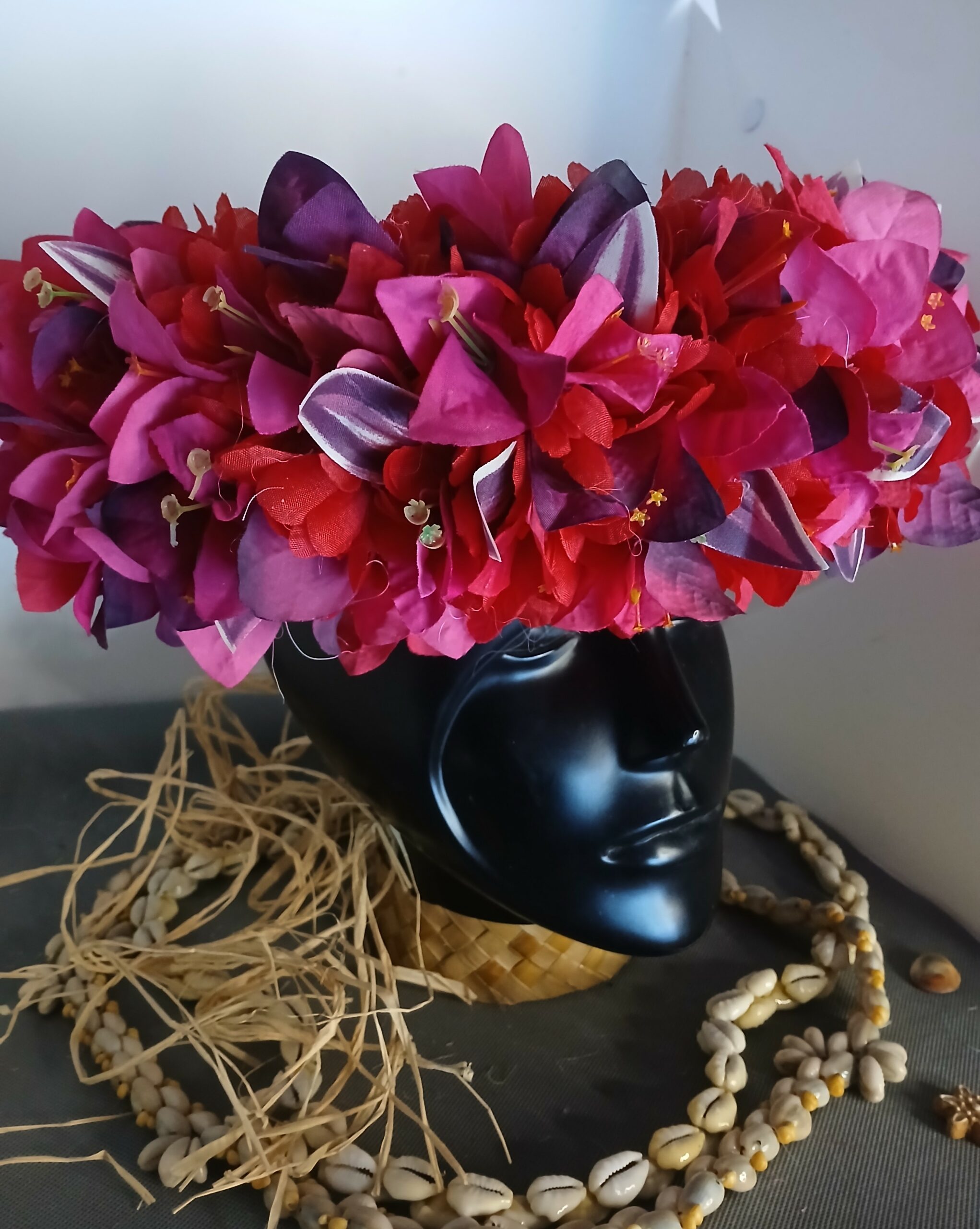 Couronne toute fleur Tahiti rouge fuchsia violine et rouge Vaite.e.Tiare créations