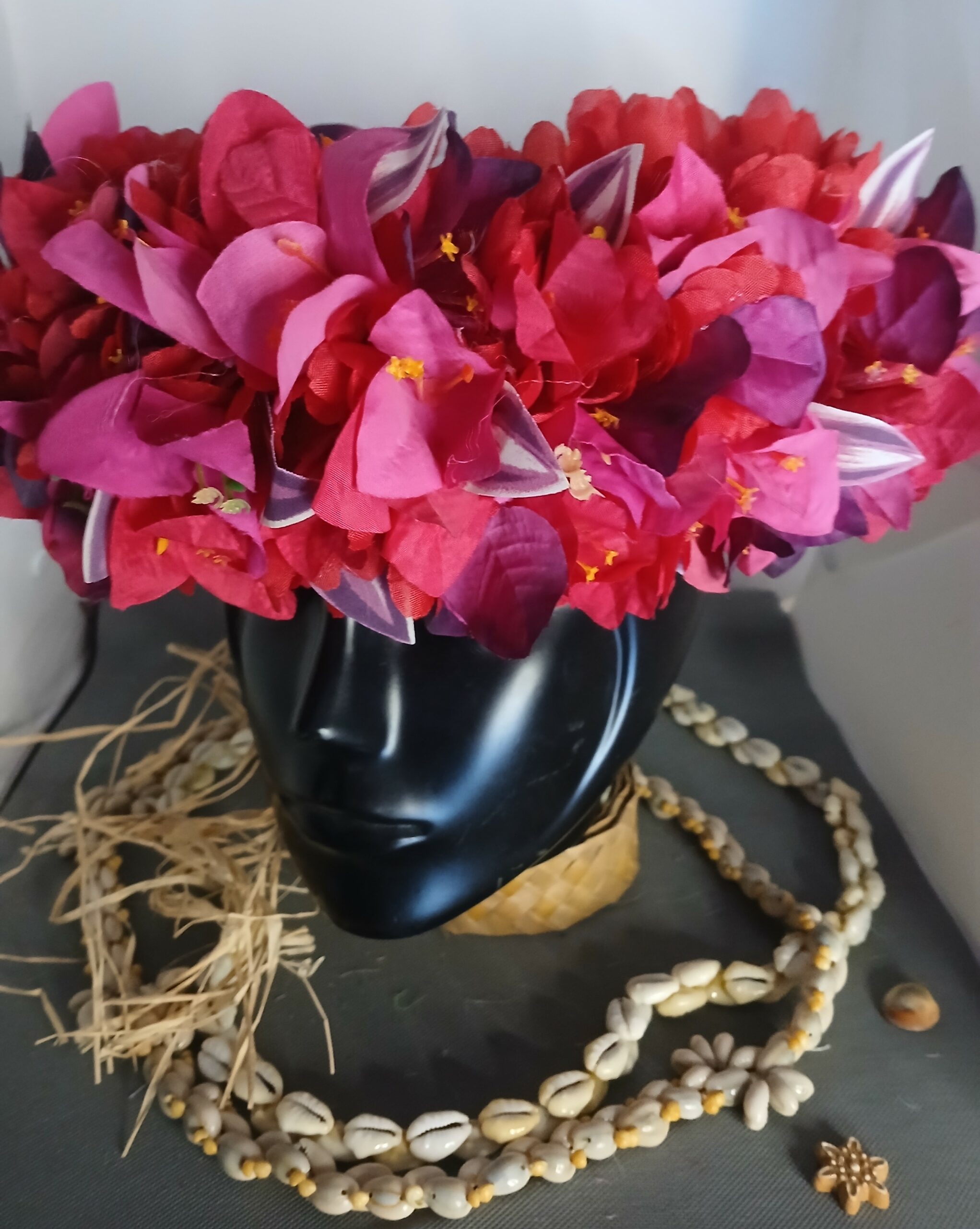 Couronne toute fleur Tahiti rouge fuchsia violine et rouge Vaite.e.Tiare créations