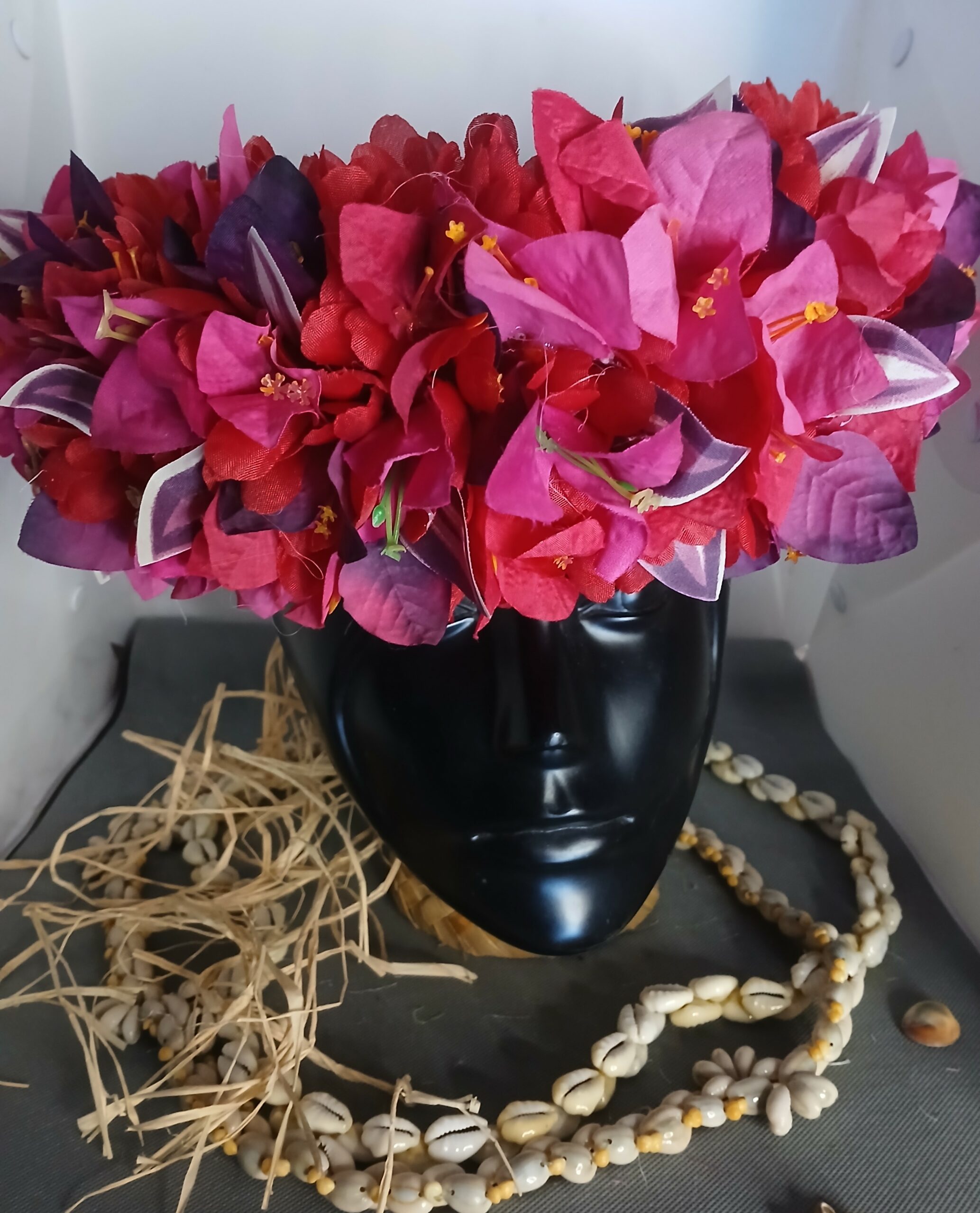 Couronne toute fleur Tahiti rouge fuchsia violine et rouge Vaite.e.Tiare créations